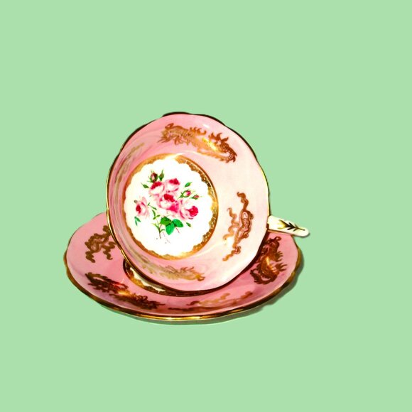 Vtg Royal Stafford bouquet of pink roses,rosebuds,greenery pedestal teacup set - Picture 5 of 12